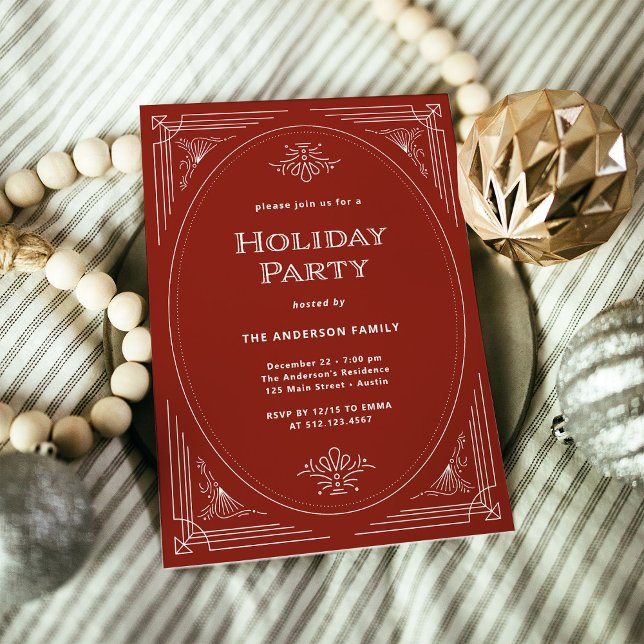 Invitation Déco moderne | Élégante Fête des Fêtes Rouges (An elegant, art deco style red holiday party invitation)