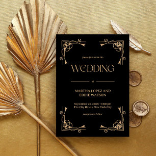 Invitation Déco Moderne   Mariage Élégant Noir et Or