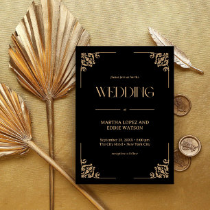 Invitation Déco Moderne   Mariage Élégant Noir et Or