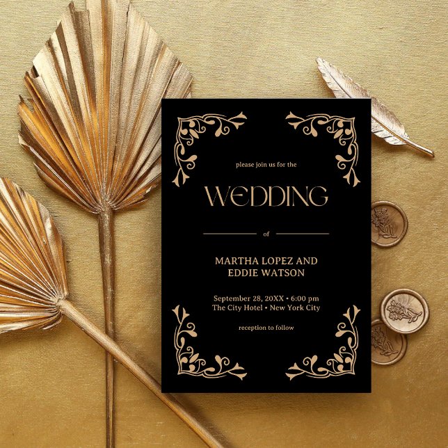 Invitation Déco Moderne | Mariage Élégant Noir et Or (Elegant black and gold wedding invitation creates a luxe, personalized welcome for your guests)