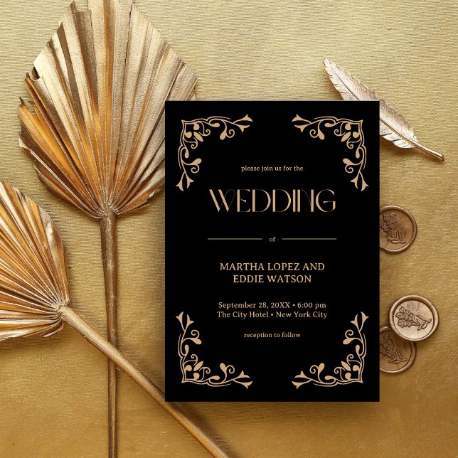 Invitation Déco Moderne | Mariage Élégant Noir et Or (Elegant black and gold wedding invitation sets a luxe, personalized tone for your special day)