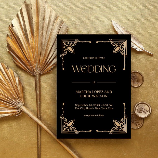 Invitation Déco Moderne | Mariage Élégant Noir et Or (Modern deco black and gold invitation adds elegant charm to your personalized wedding day.)