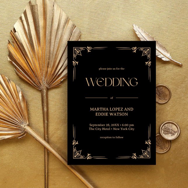 Invitation Déco Moderne | Mariage Élégant Noir et Or (Modern deco black and gold invitation adds elegant charm to your personalized wedding day.)