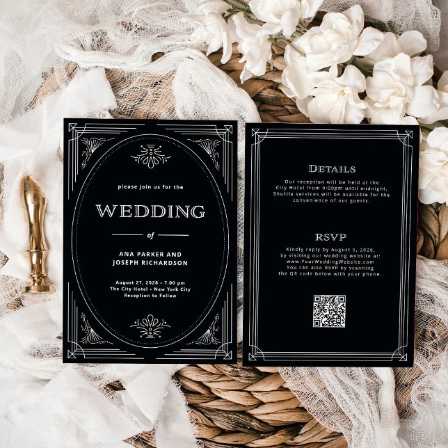 Invitation Déco moderne Onyx Noir tout en un QR Code Mariage (Créateur téléchargé)