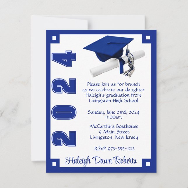 Invitation Déco Royal Bleu et Blanc de Remise de Diplômes (Devant)