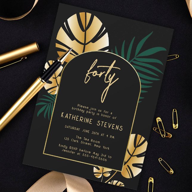 Invitation Déco Tropical Jungle Gold Boho Frame 40e anniversa (deco jungle gold 40th birthday invitation diy card template women gatsby roaring 20s tropical leaves)