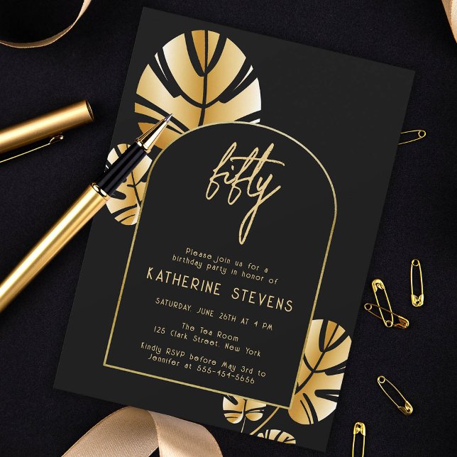 Invitation Déco Tropical Leaf Gold Boho Frame 50e anniversair (gold tropical leaf monstera art deco 50th birthday invitation diy card women black roaring 20s chic)