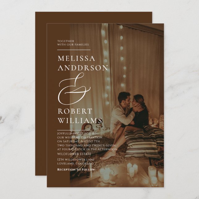 Invitation Décontracté Chic Gold et Mariage photo Brown (Devant / Derrière)
