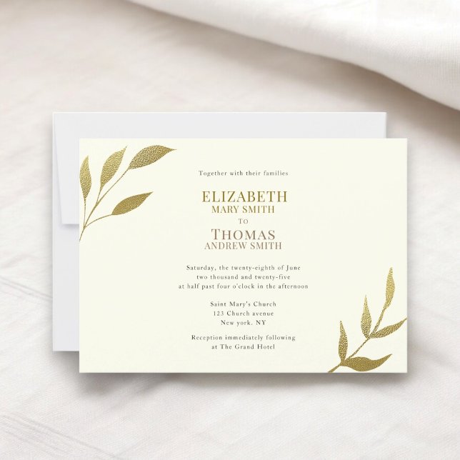 Invitation Décontracté élégant ivoire et mariage or (ivory and gold modern minimal botanical casual wedding invitation )