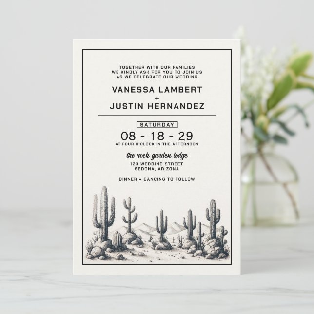 Invitation Décontracté Mariage Cactus (Debout devant)