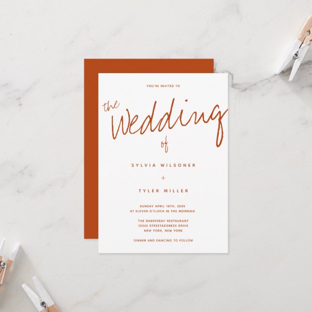 Invitation Décontracté moderne Burnt Orange Mariage de typogr (Devant/Arrière en situation)