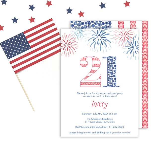 Invitation Décontracté Rouge Blanc Bleu Extérieur 21ème anniv (A fun summer-inspired red white and blue 21st birthday party invitation card design)