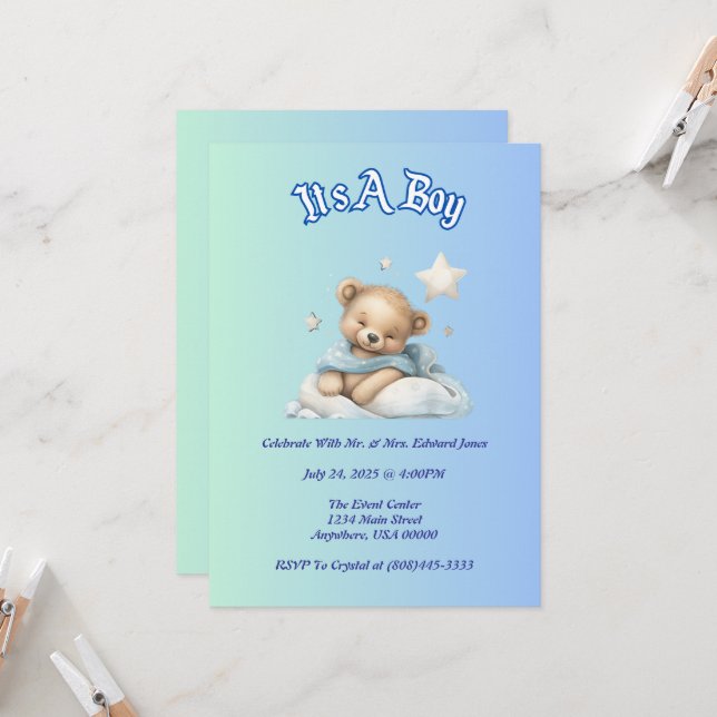 Invitation Décor Baby shower "It’s A Boy" - Teddy Bear (Devant/Arrière en situation)