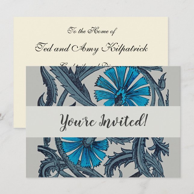 Invitation Décor de carreaux rustiques d'art floral bleu anti (Devant / Derrière)