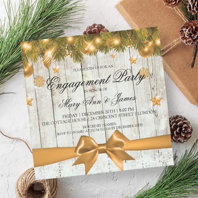 Invitation Décor d'or de la fête de Noël rustique (Rustic Christmas Engagement Party Gold Decor Invitation)