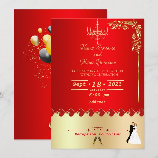Invitation Décor doré rouge (Devant / Derrière)