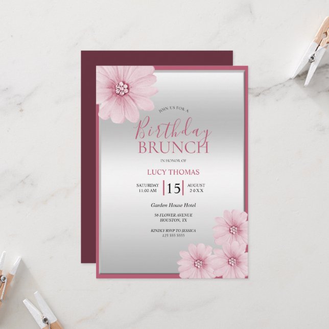 Invitation Décor rose classique Fleur Brunch d'anniversaire (Devant/Arrière en situation)