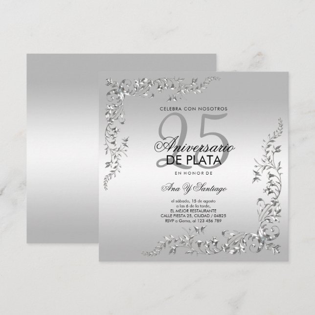 Invitation Décoration argentée 25e anniversaire de mariage  (Devant / Derrière)