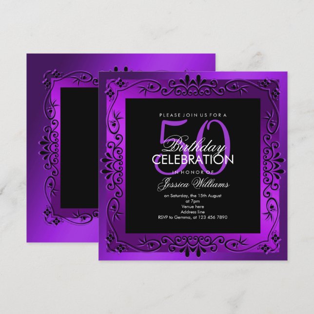 Invitation Décoration chic mauve encadrée 50e anniversaire (Devant / Derrière)