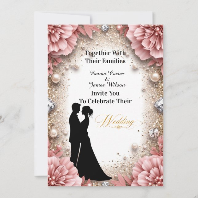 Invitation 💐 Décoration de mariage dorée florale pêche de pr (Devant)