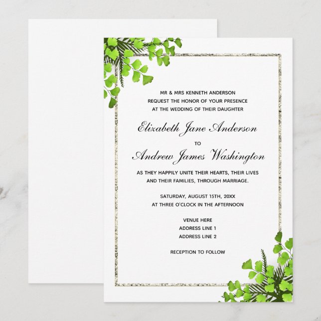 Invitation Décoration de mariage Élégante aux coins avec foug (Devant / Derrière)