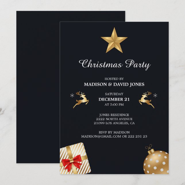 Invitation Décoration de Noël dorée et blanche  (Devant / Derrière)