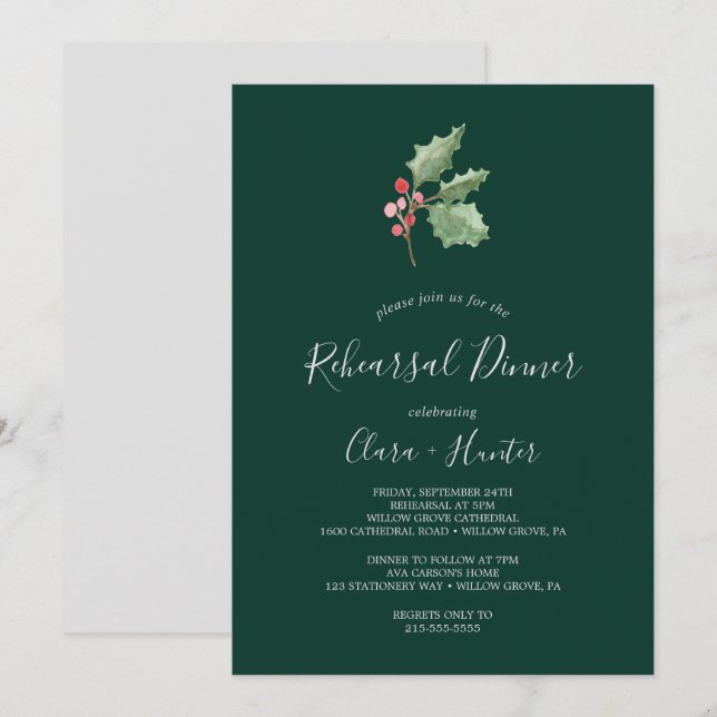 Invitation Décoration de Noël et dîner de répétition vert aux (Devant / Derrière)