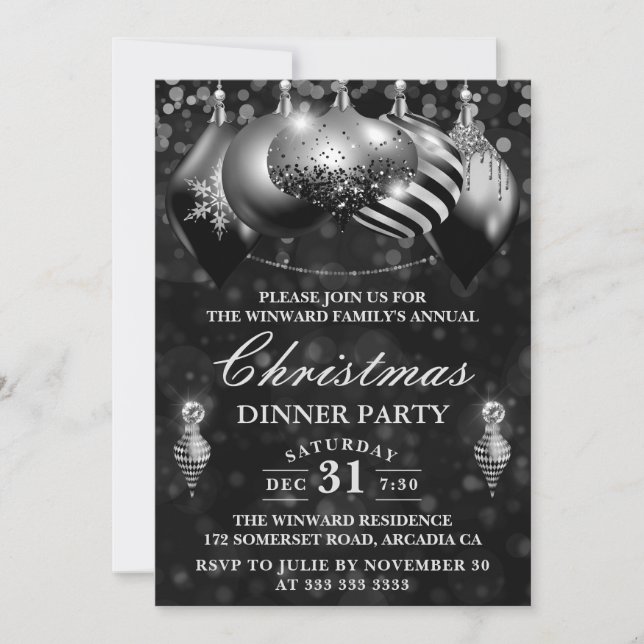 Invitation Décoration de Noël pour dîner de fête Black & Silv (Devant)