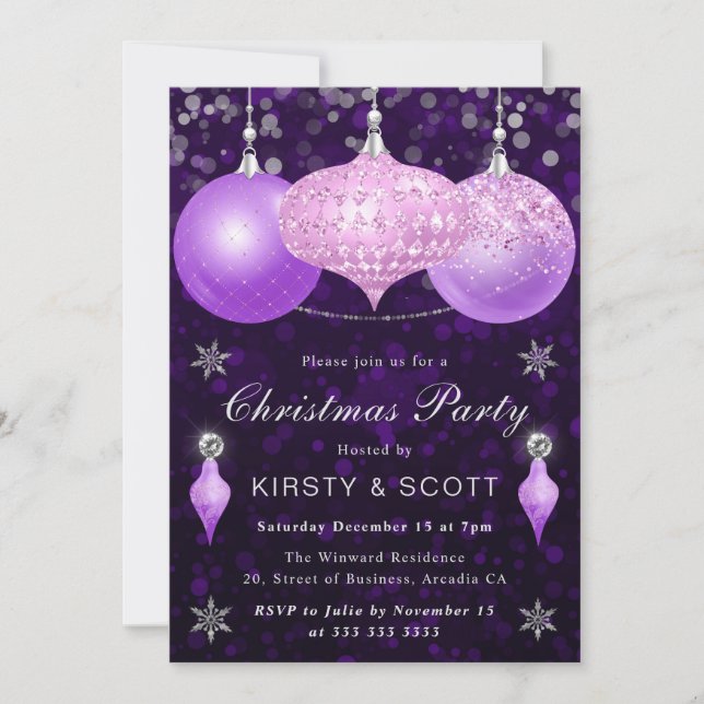 Invitation Décoration de Noël pour dîner Pink & Purple Bauble (Devant)
