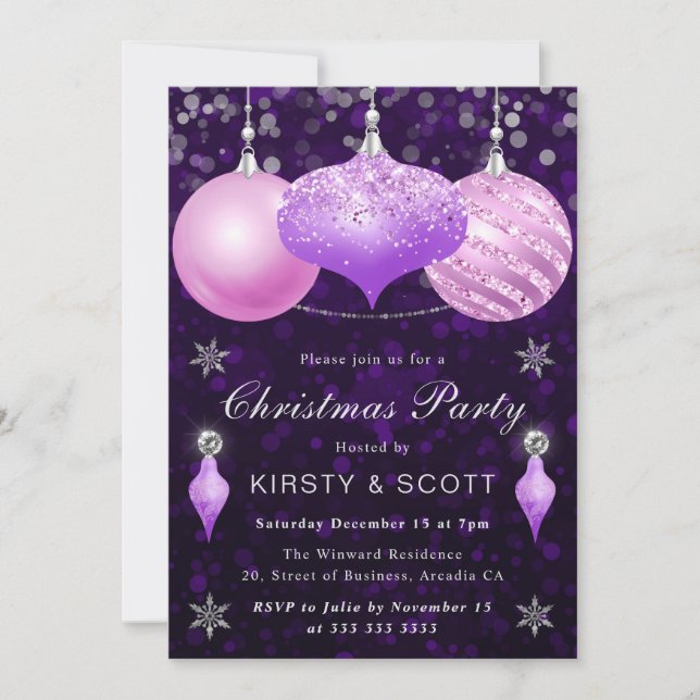 Invitation Décoration de Noël pour dîner Pink & Purple Bauble (Devant)
