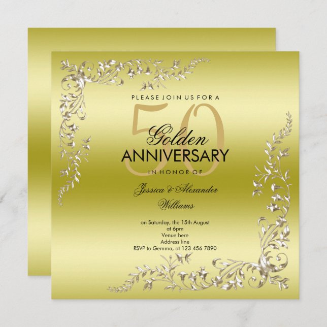 Invitation Décoration d'or 50e anniversaire de Mariage (Devant / Derrière)