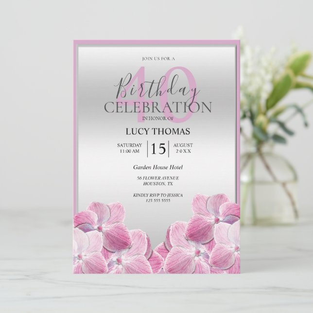 Invitation Décoration Fleurs Roses Classiques Anniversaire (Debout devant)