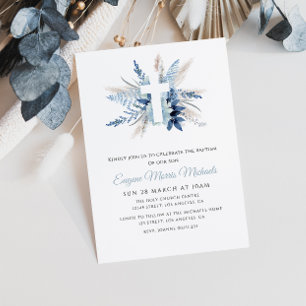 Invitation décoration florale bleu croix blanche moderne
