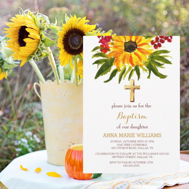 Invitation Décoration Tournesol Rustique Croix Dorée Baptême  (Créateur téléchargé)