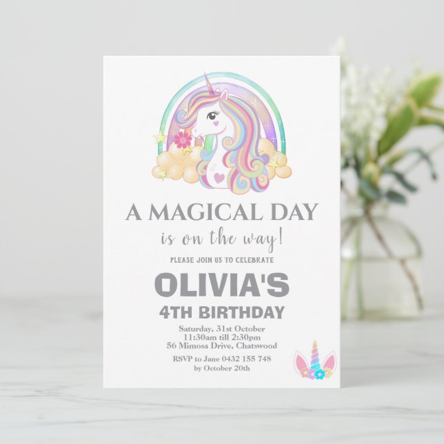 Invitation Décorations de fête d'anniversaire de la Unicorn (Debout devant)
