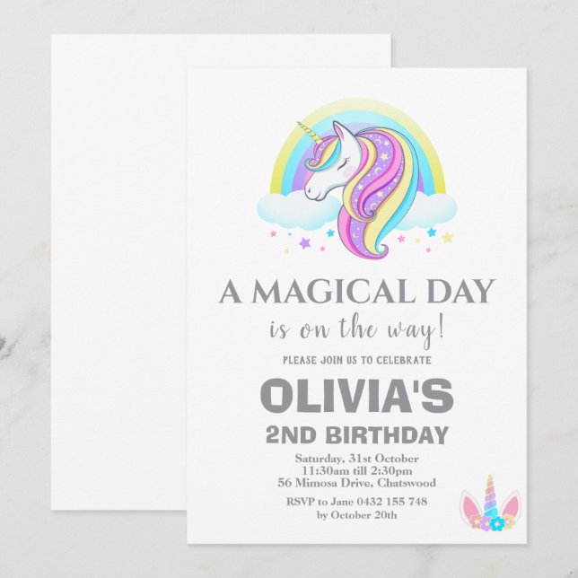 Invitation Décorations de fête d'anniversaire de la Unicorn (Devant / Derrière)