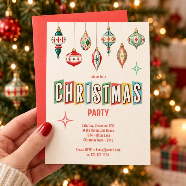 Invitation Décorations de Noël Rétro Fête de Noël (Retro Christmas ornaments bring cheerful vintage style to this festive party invitation.
)