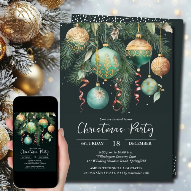 Invitation Décorations de sapin de Noël dorées vertes pour fê (Gold and green Christmas tree ornaments party invitations, PRINTED and/or INSTANT DOWNLOAD)