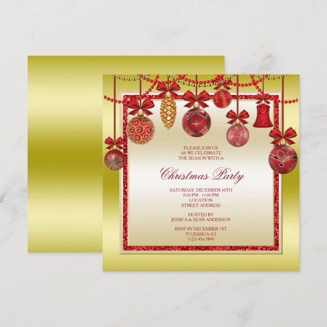 Invitation Décorations délicates Fête de Noël Rouge & Or (Devant / Derrière)