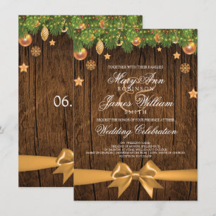 Invitation Décorations d'or Rustique Mariage de Noël & Ruban