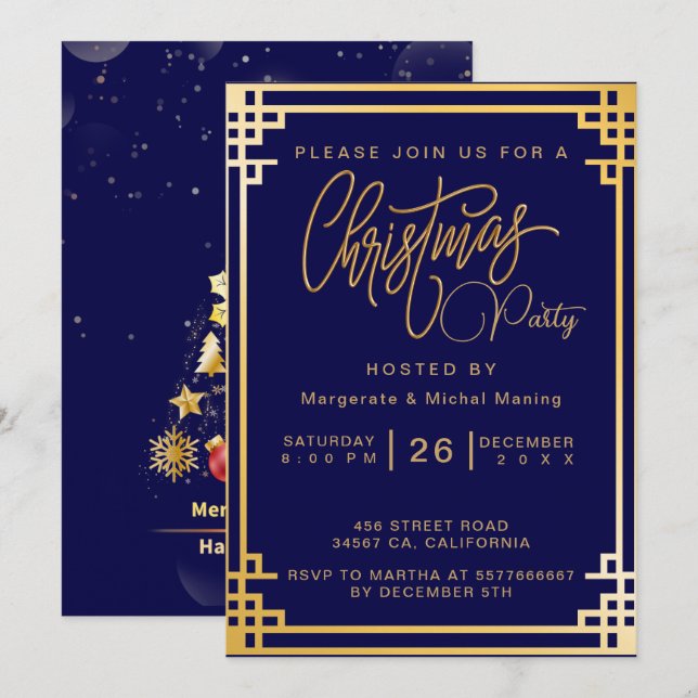 Invitation Décorations dorées élégantes et Noël Parties scint (Devant / Derrière)