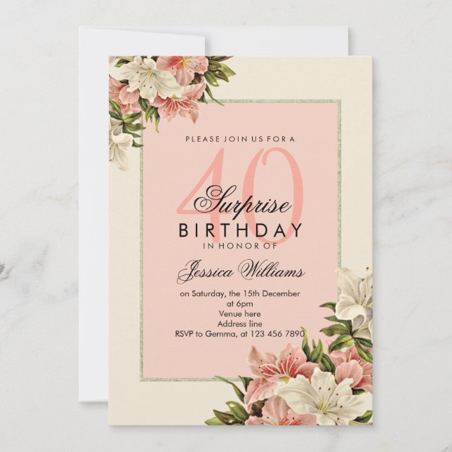Invitation Décorations florales Feminine Surprise anniversair (Devant)