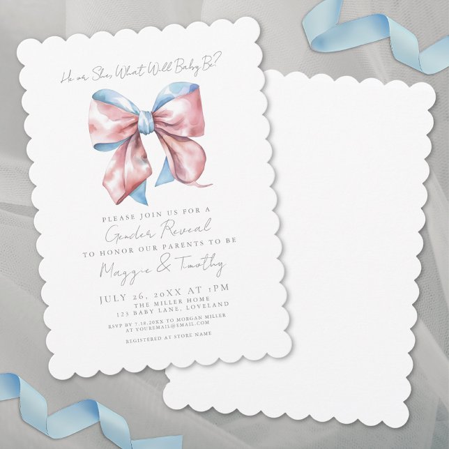 Invitation Découverte du sexe avec un nœud rose et bleu (Pink And Blue Bow Gender Reveal Invitation )