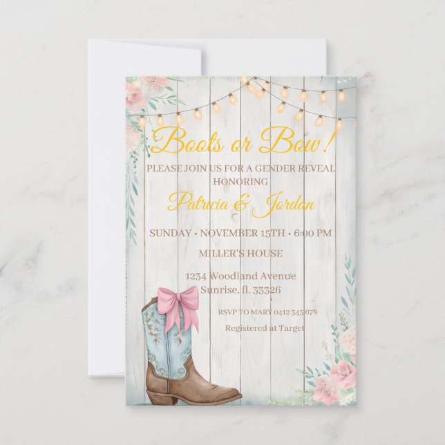 Invitation Découverte du sexe du bébé avec des bottes rustiqu (Devant)