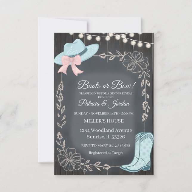 Invitation Découverte du sexe du bébé avec des bottes rustiqu (Devant)