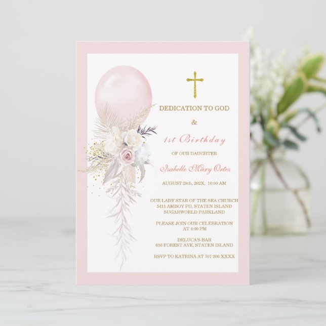 Invitation Dédicace florale élégante et 1er anniversaire (Debout devant)