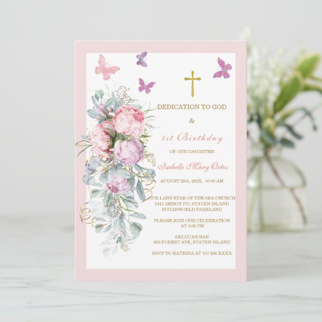 Invitation Dédicace florale élégante et 1er anniversaire (Debout devant)