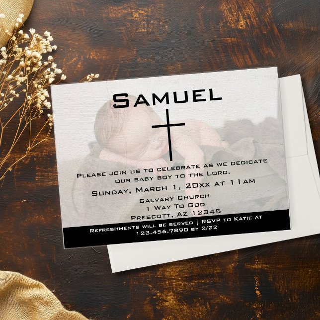 Invitation Dédicace Moderne de Bébé Photo Noir et Blanc (Modern Black White Photo Baby Dedication Invitations)