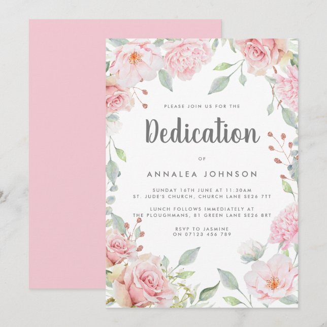 Invitation Dédication aux roses roses lavées (Devant / Derrière)