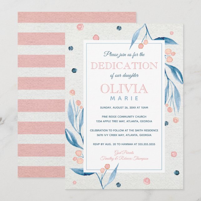 Invitation Dedication Florale Bébé, Marine, Rose (Devant / Derrière)